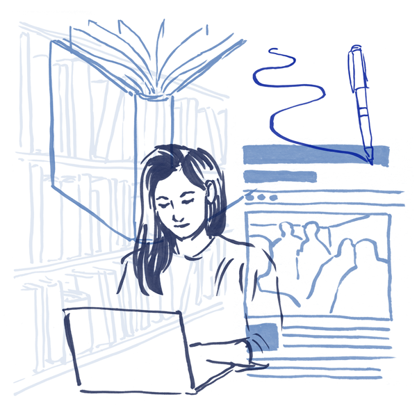 line drawing of library books, a person studying, and a webpage
