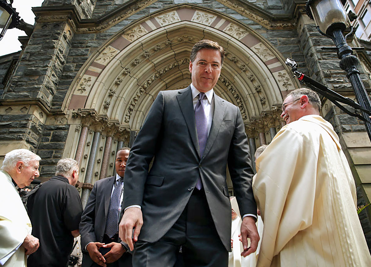 FBI Director James Comey leaves after the annual Blue Mass at St. Patrick Church May 5, 2015 in Washington, DC.